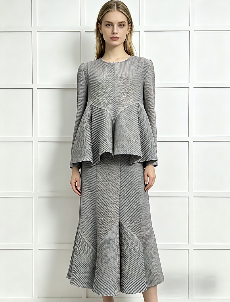 Long sleeve large yard splice fold loose dress 2pcs set