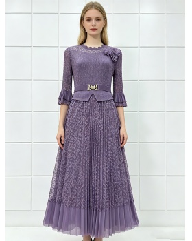 Loose large yard colors dress splice pleated lace tops