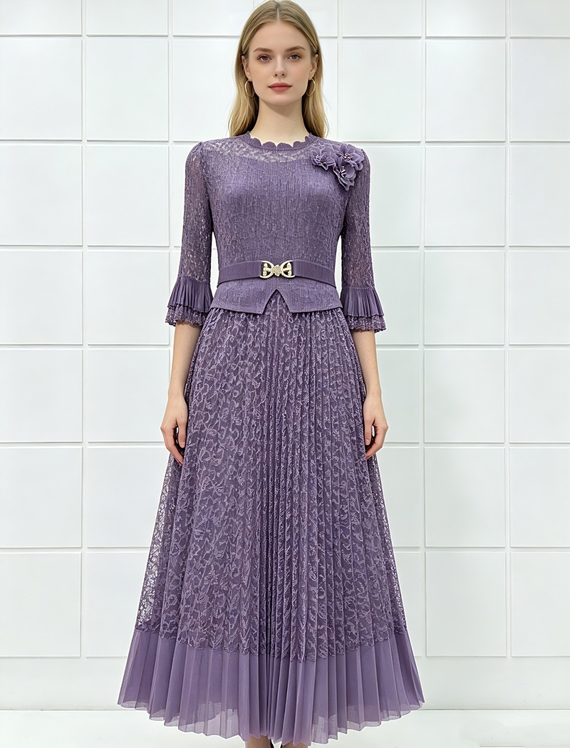 Loose large yard colors dress splice pleated lace tops