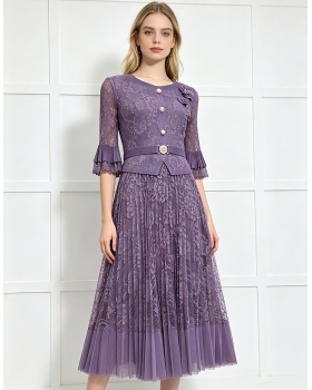 Fold lace pleated slim fashion large yard splice loose dress