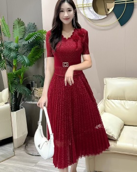 Pleated fold slim splice long lace fashion dress