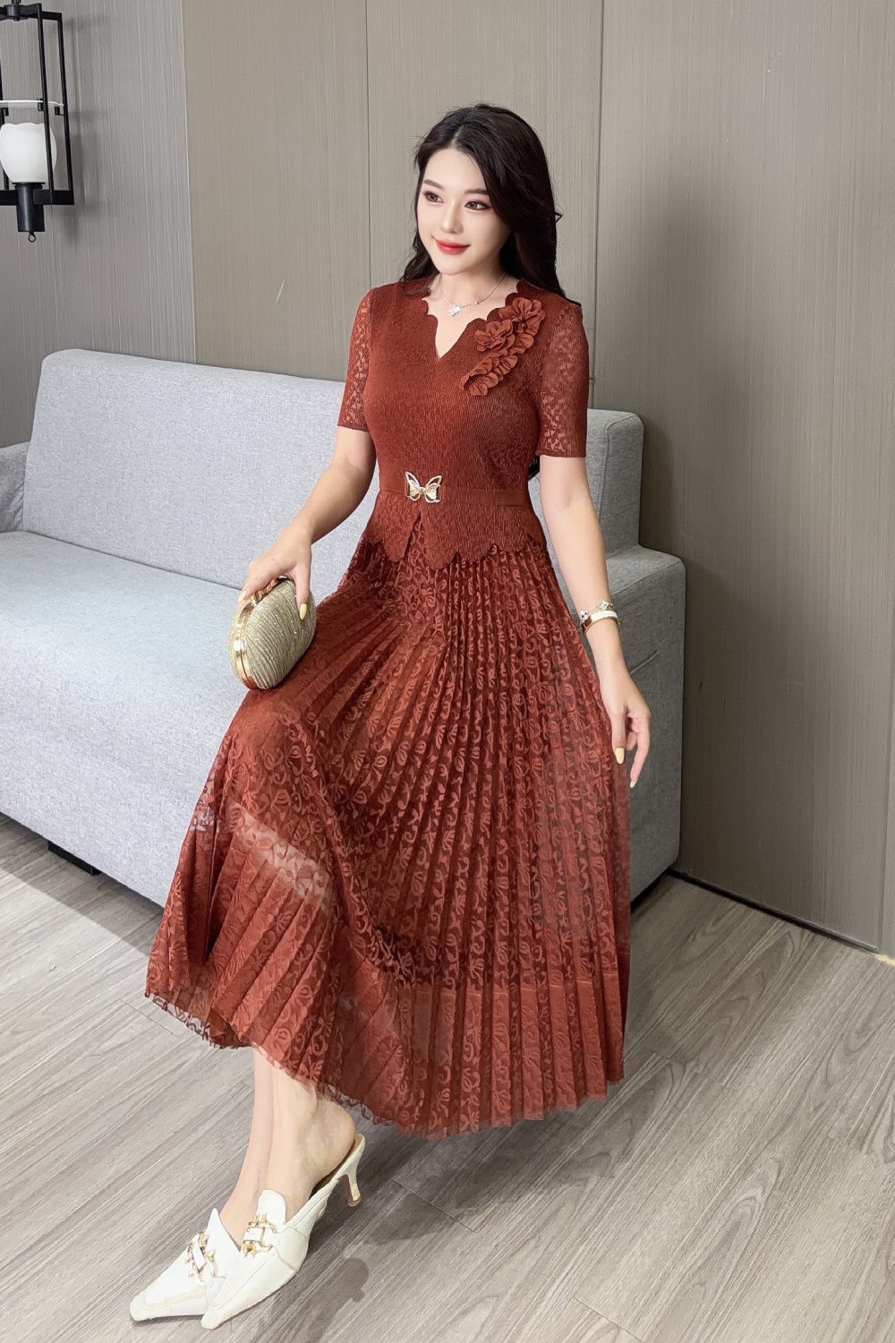 Pleated summer fold lace splice fashion dress