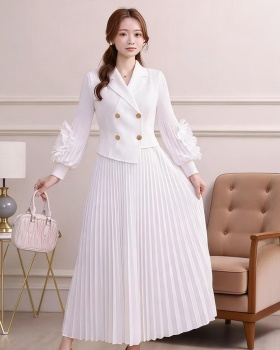 Lantern sleeve business suit pleated dress