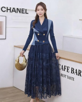 Fold large yard business suit lace splice dress