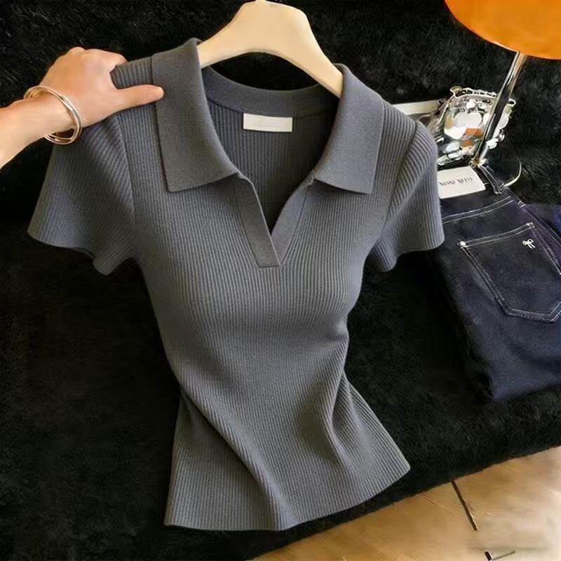 Short sleeve Cover belly tops ice silk sweater for women