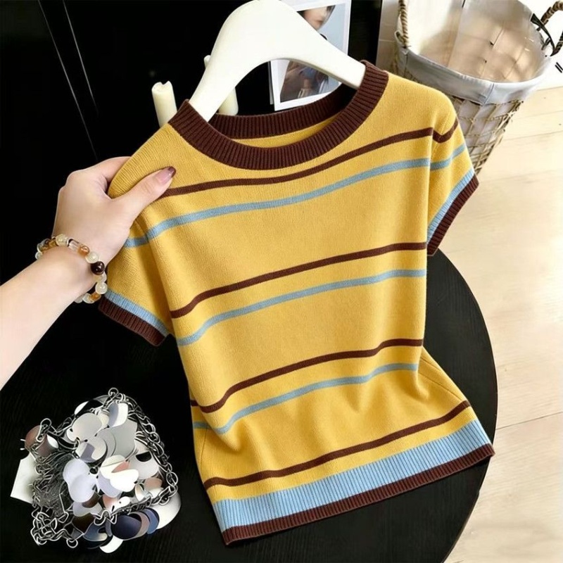 Summer mixed colors slim sweater stripe loose T-shirt