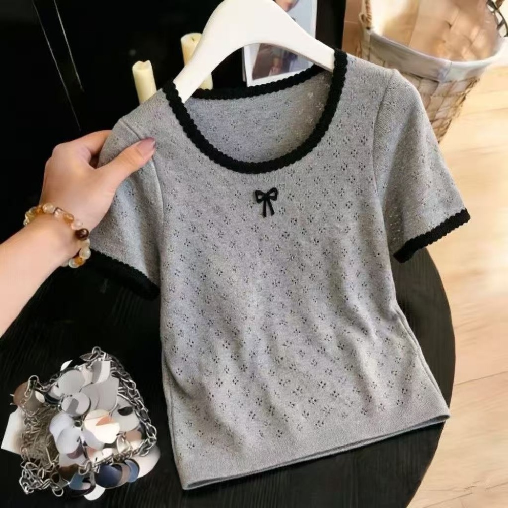 Slim low collar knitted tops short short sleeve T-shirt