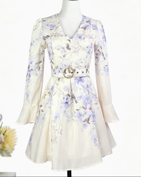 Long sleeve flax slim summer V-neck printing dress for women