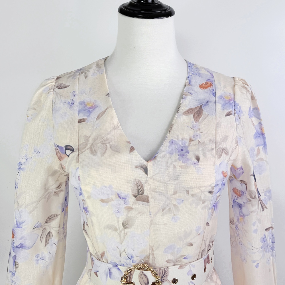 Long sleeve flax slim summer V-neck printing dress for women