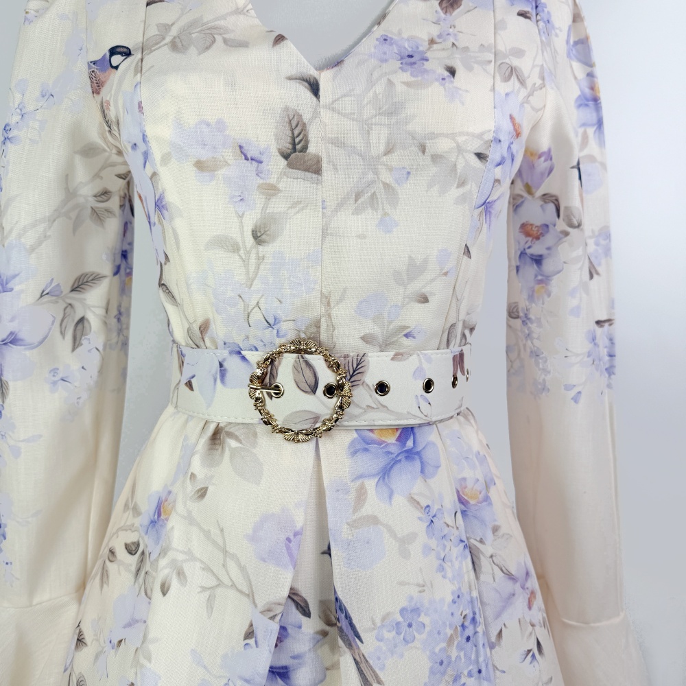 Long sleeve flax slim summer V-neck printing dress for women