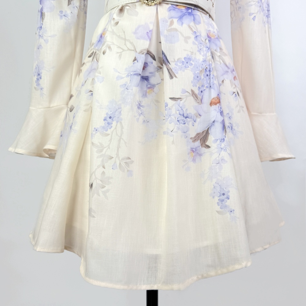 Long sleeve flax slim summer V-neck printing dress for women
