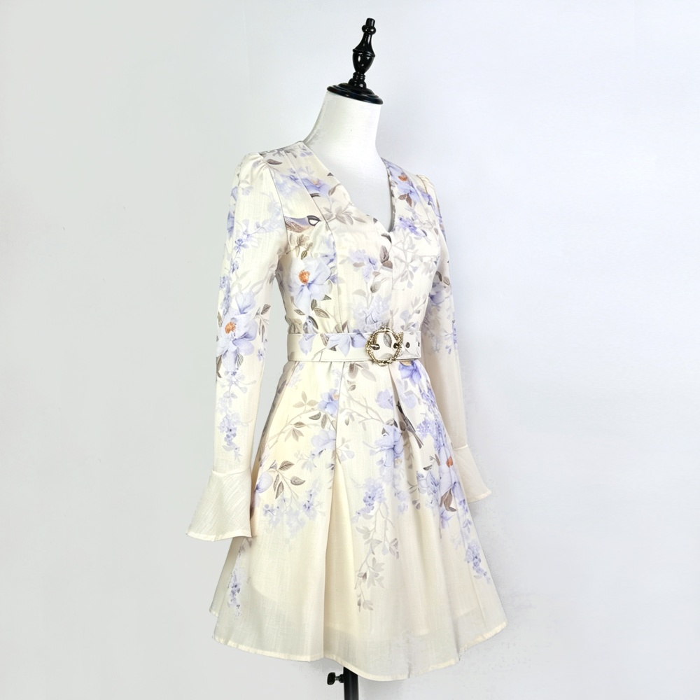 Long sleeve flax slim summer V-neck printing dress for women