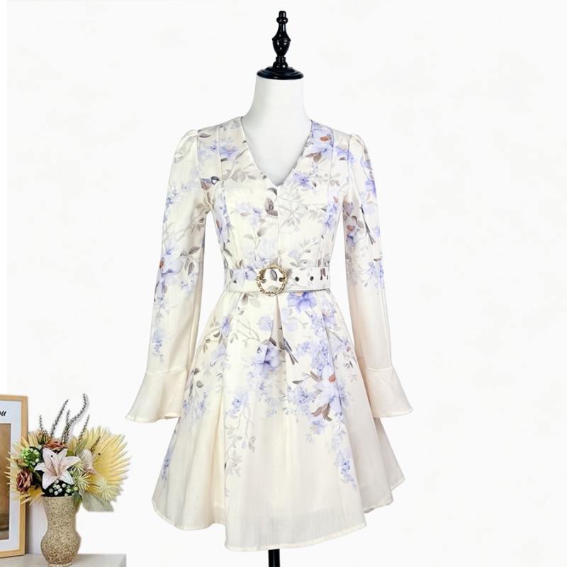 Long sleeve flax slim summer V-neck printing dress for women