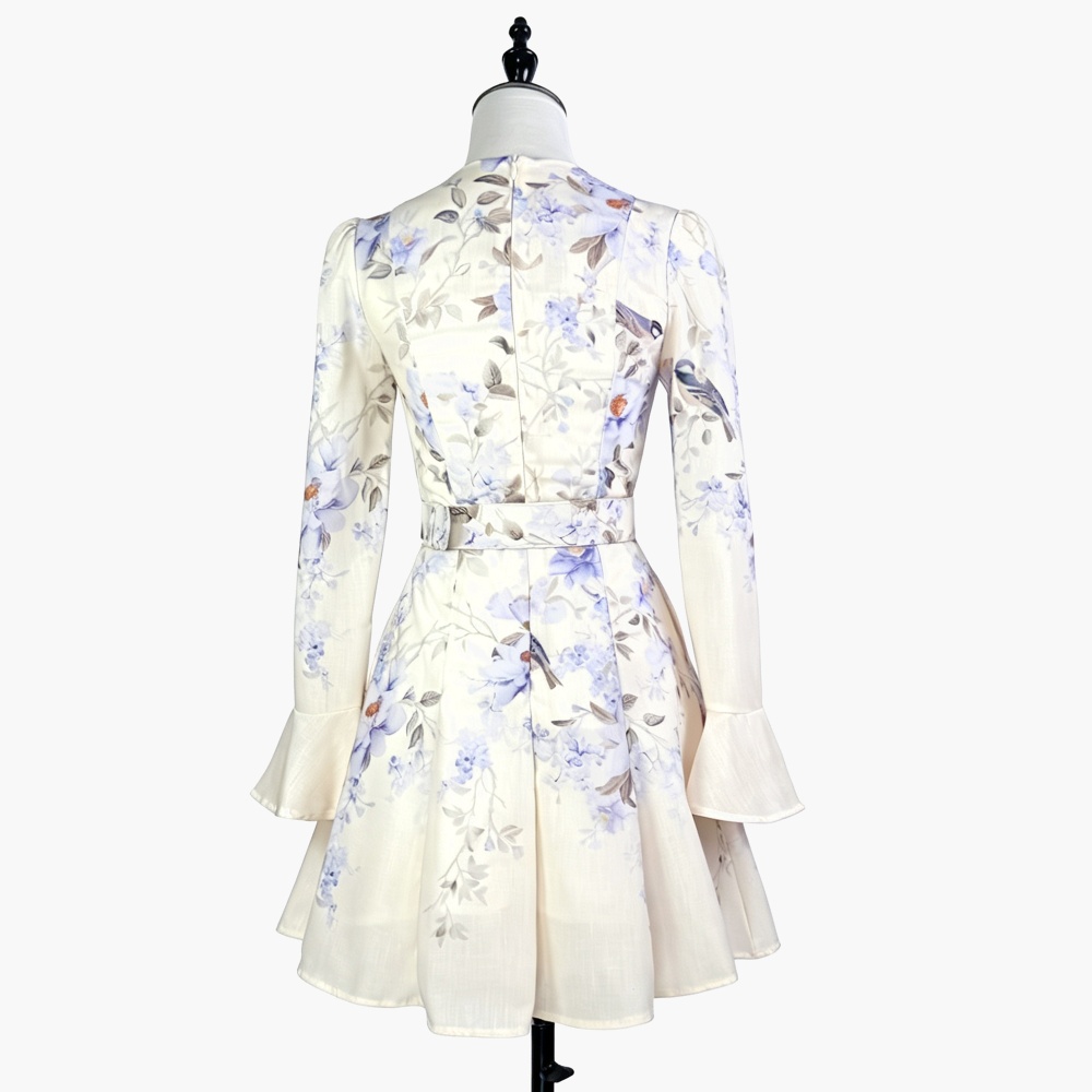 Long sleeve flax slim summer V-neck printing dress for women