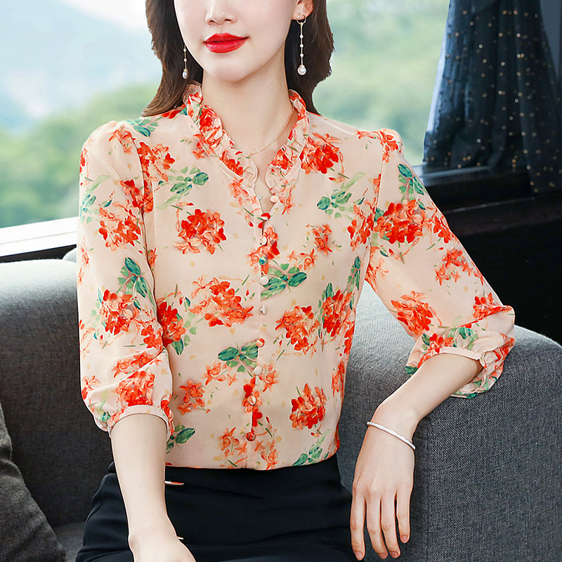 Chiffon all-match tops Cover belly shirt for women