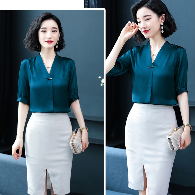 Summer short sleeve real silk silk shirt for women