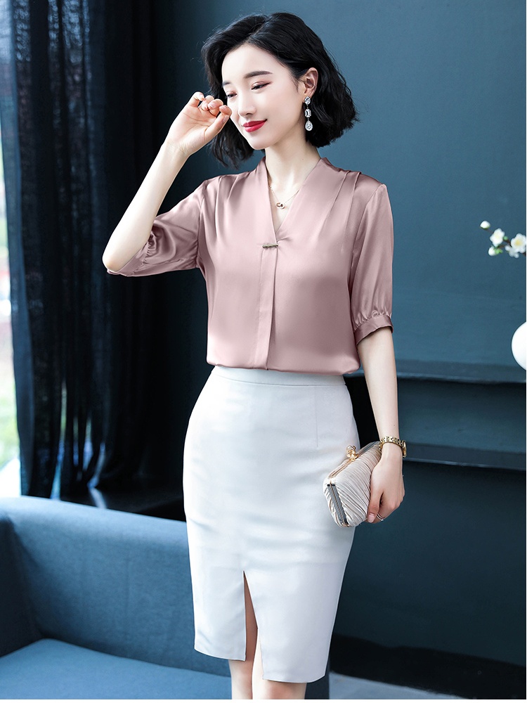 Summer short sleeve real silk silk shirt for women