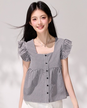 Plaid summer tops lotus leaf edges square collar shirt