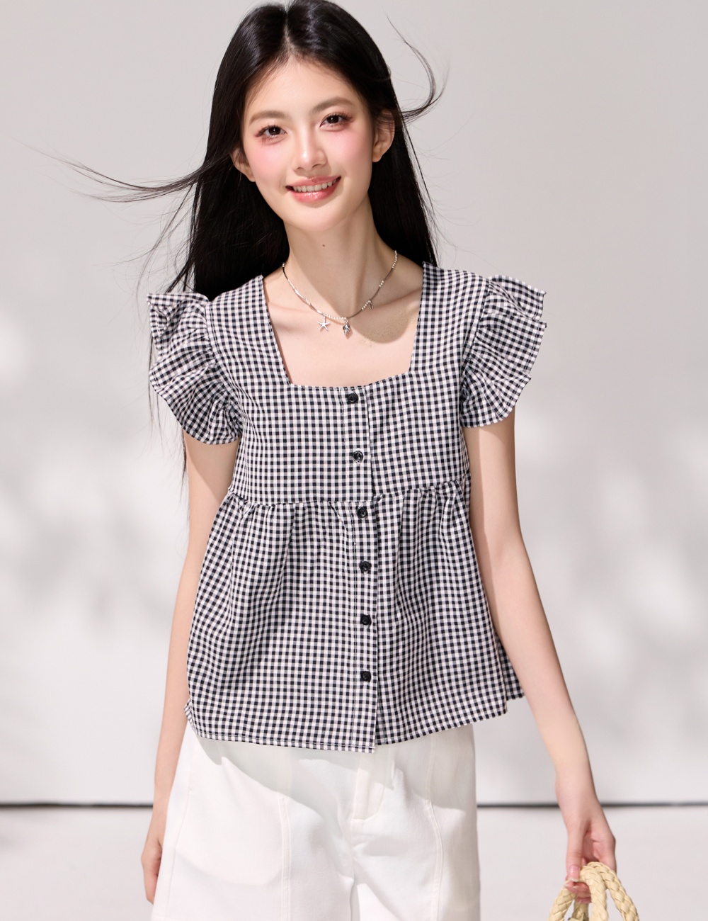 Plaid summer tops lotus leaf edges square collar shirt