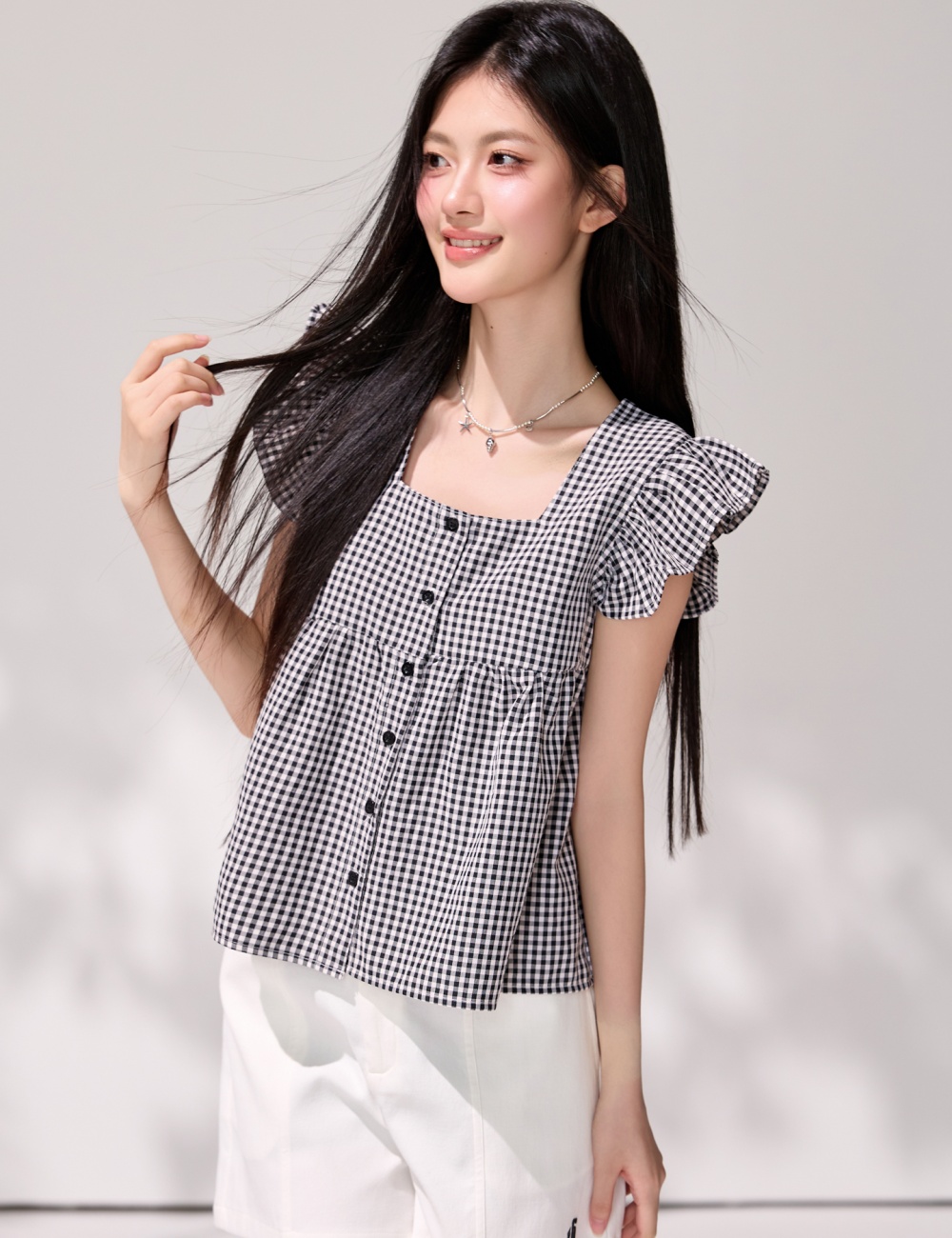 Plaid summer tops lotus leaf edges square collar shirt