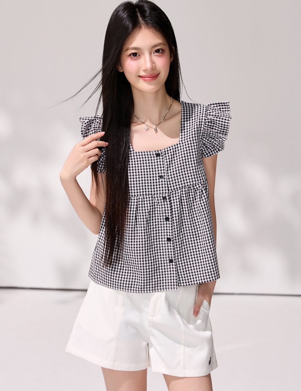 Plaid summer tops lotus leaf edges square collar shirt