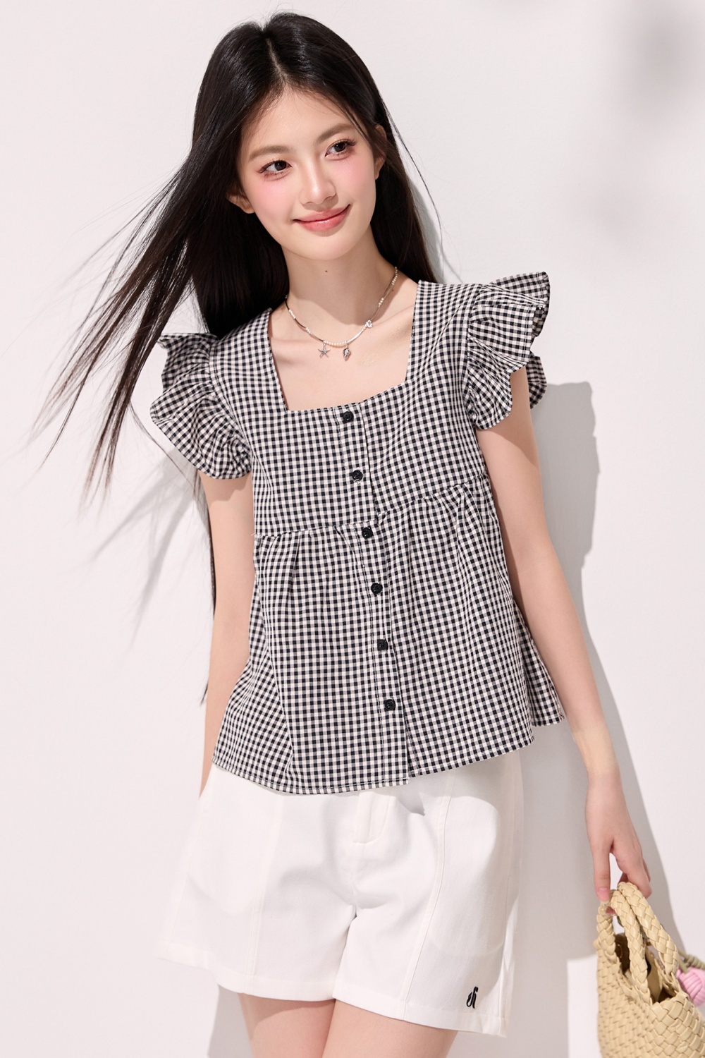 Plaid summer tops lotus leaf edges square collar shirt