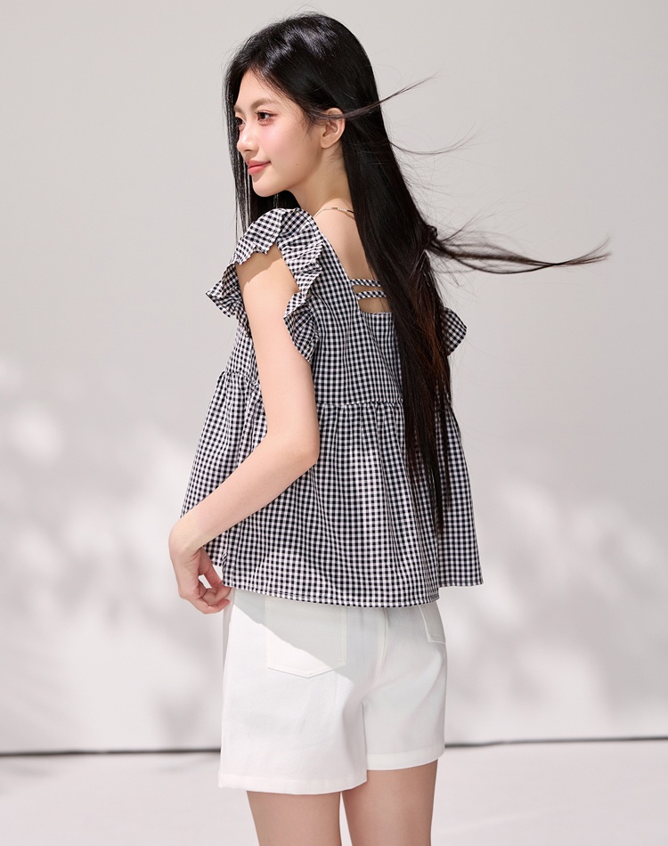Plaid summer tops lotus leaf edges square collar shirt