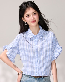 Boats sleeve blue-white tops lotus leaf edges shirt
