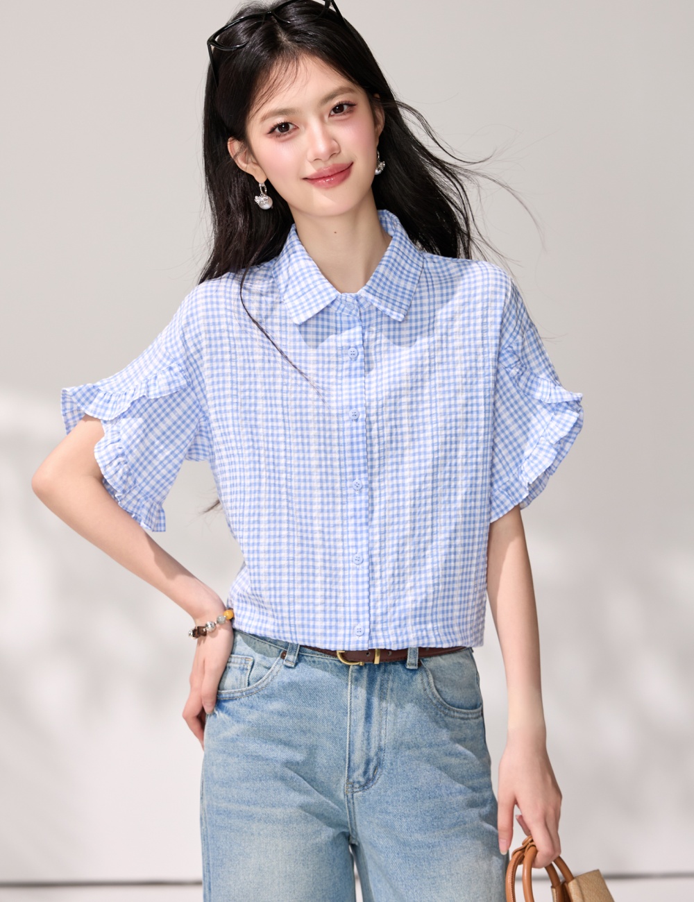Boats sleeve blue-white tops lotus leaf edges shirt