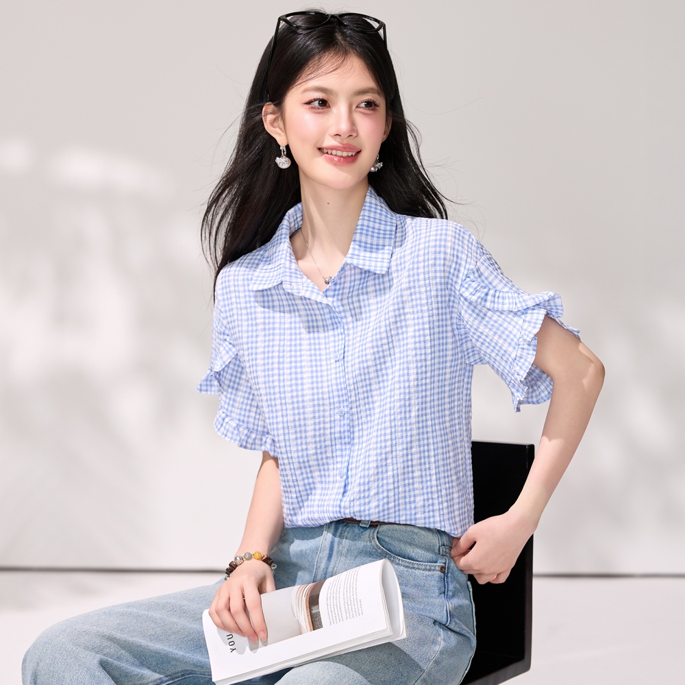 Boats sleeve blue-white tops lotus leaf edges shirt