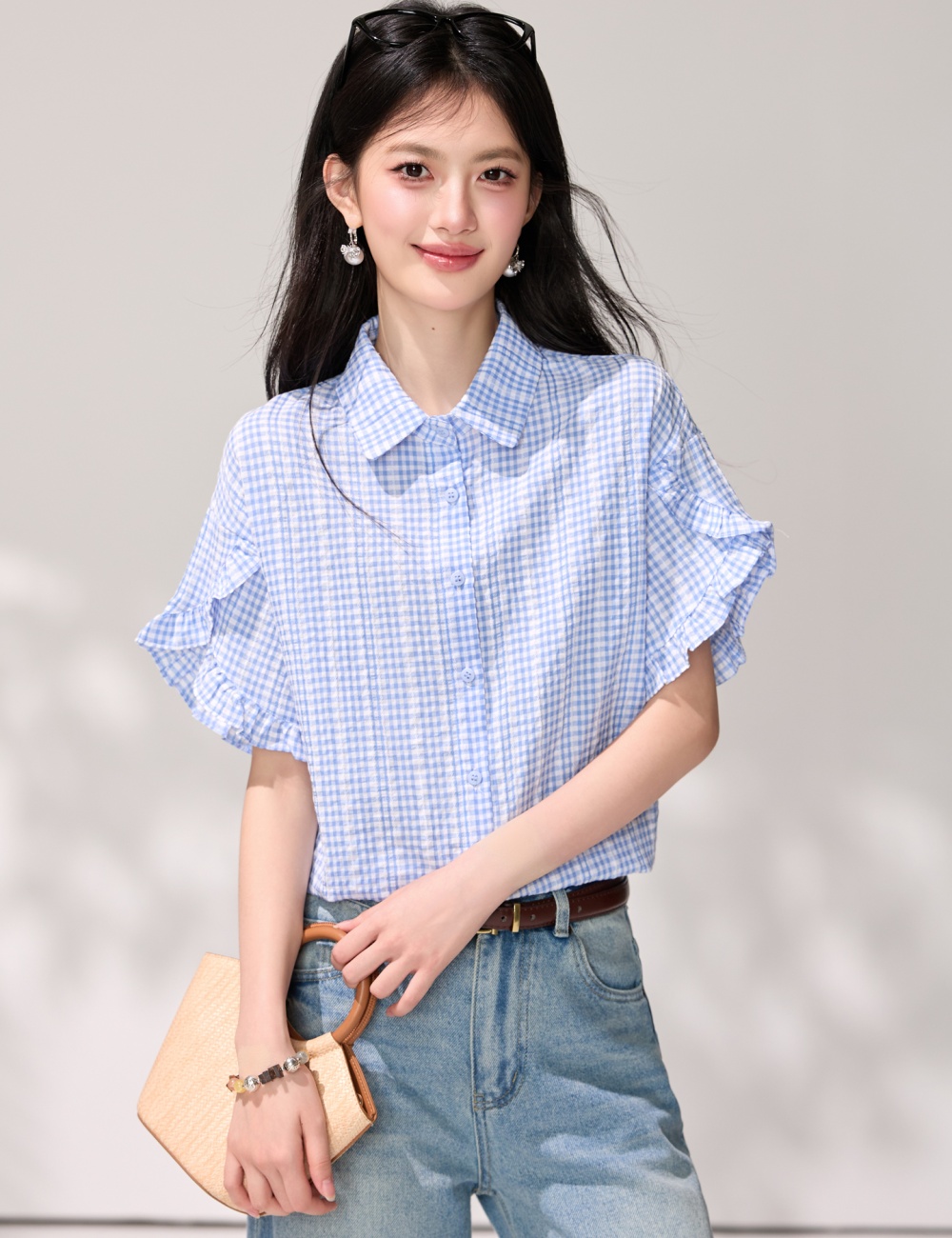 Boats sleeve blue-white tops lotus leaf edges shirt