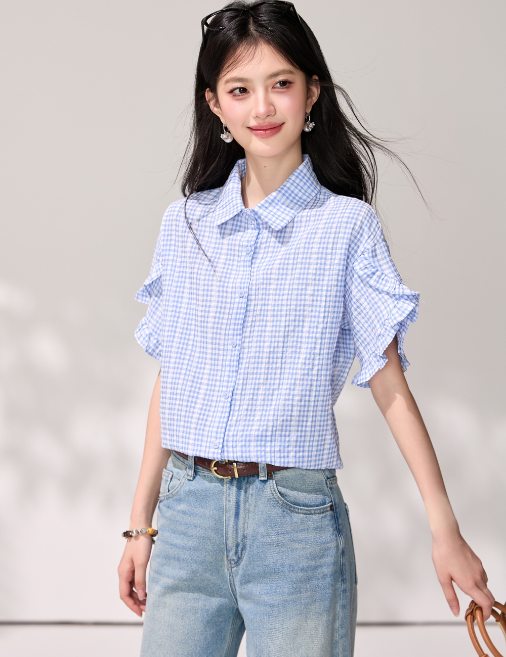 Boats sleeve blue-white tops lotus leaf edges shirt