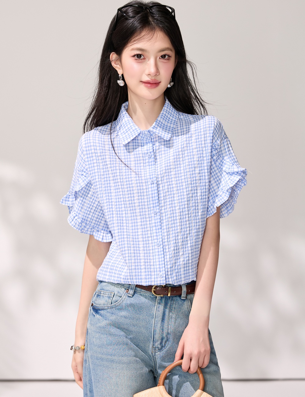 Boats sleeve blue-white tops lotus leaf edges shirt