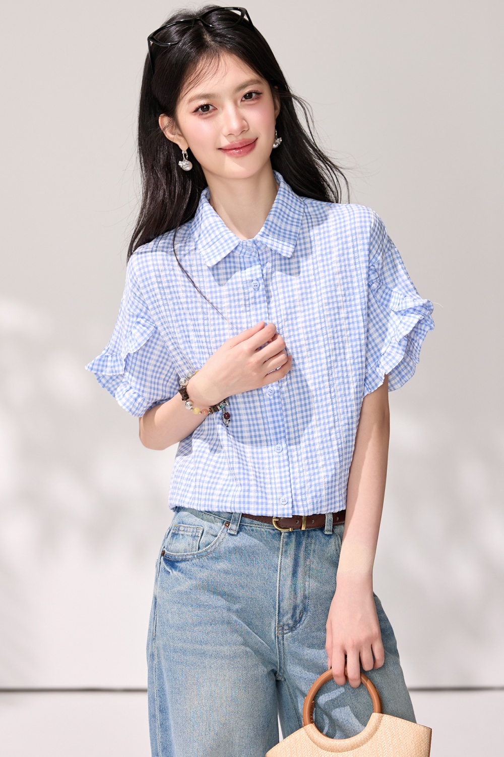Boats sleeve blue-white tops lotus leaf edges shirt