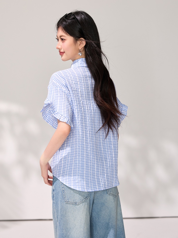 Boats sleeve blue-white tops lotus leaf edges shirt