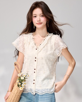 Lace apricot unique shirt boats sleeve France style tops