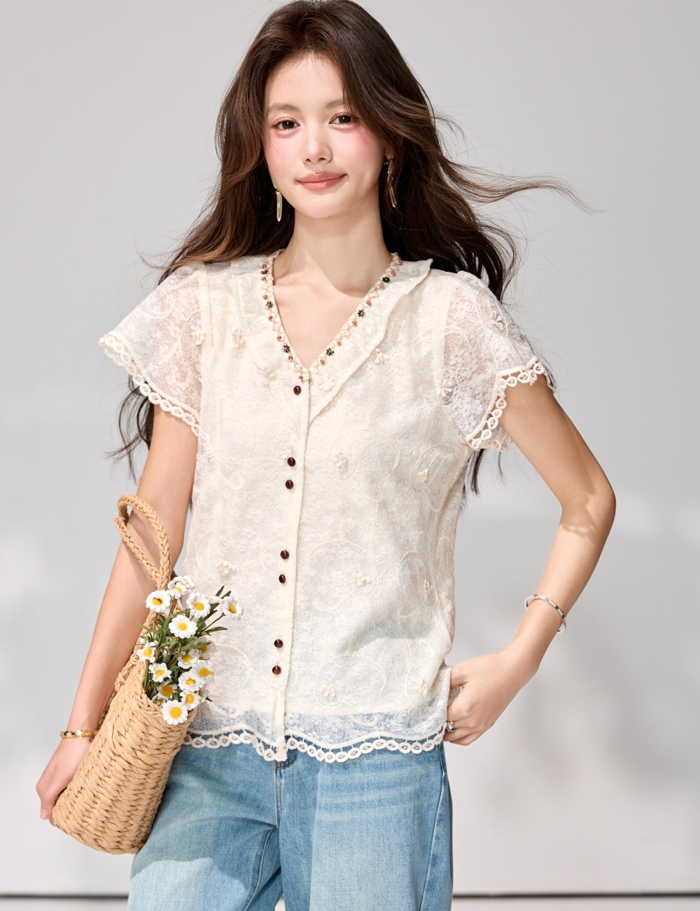 Lace apricot unique shirt boats sleeve France style tops