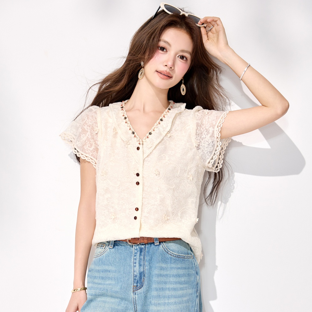 Lace apricot unique shirt boats sleeve France style tops