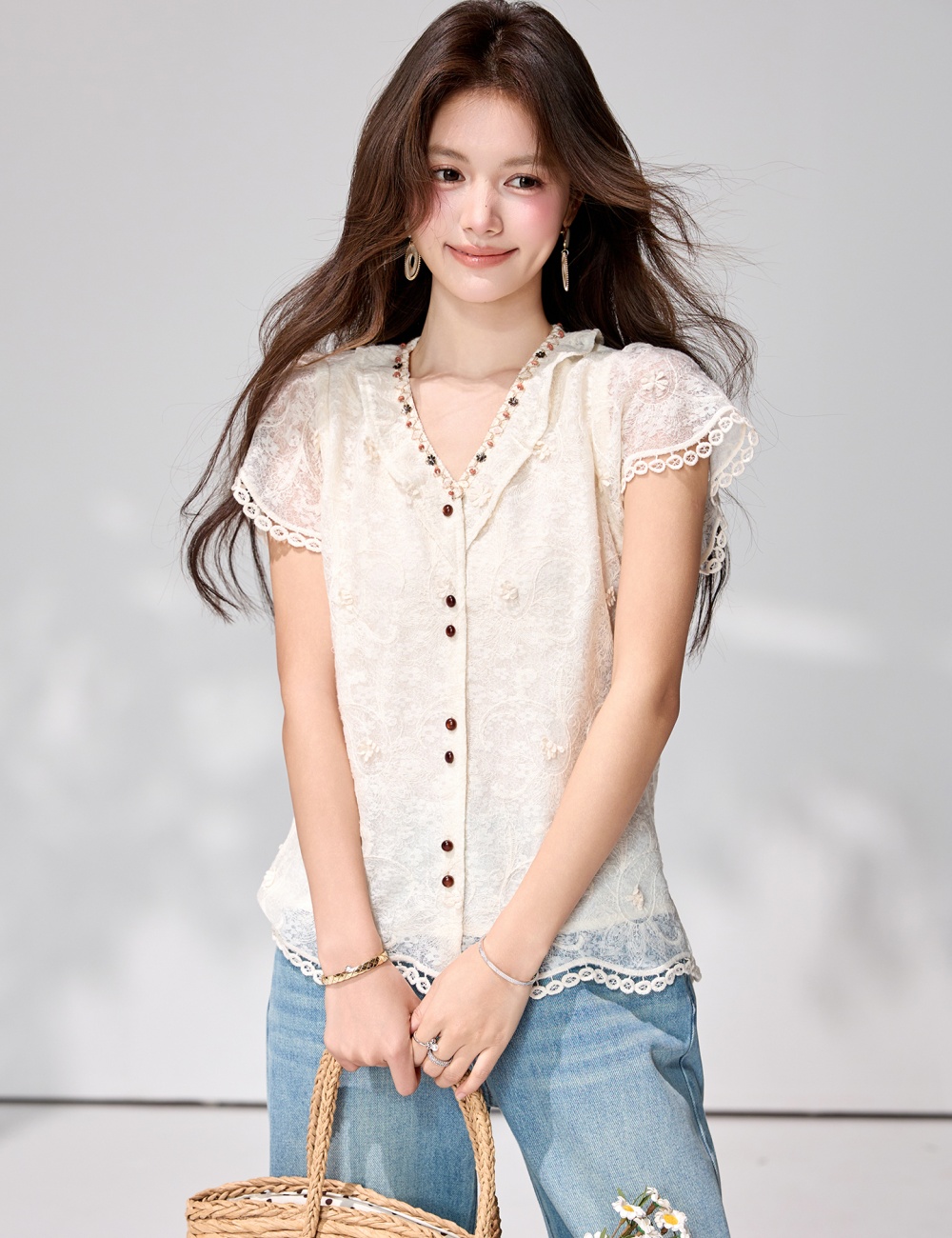 Lace apricot unique shirt boats sleeve France style tops