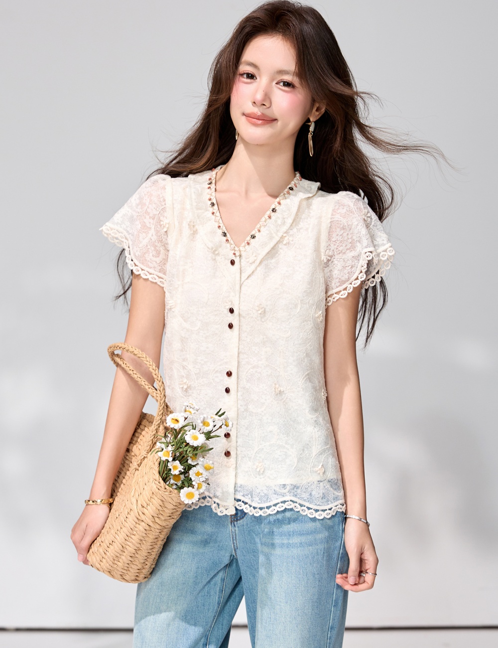Lace apricot unique shirt boats sleeve France style tops