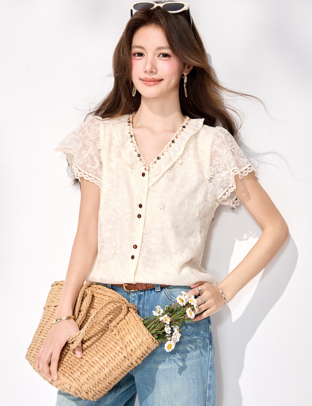 Lace apricot unique shirt boats sleeve France style tops