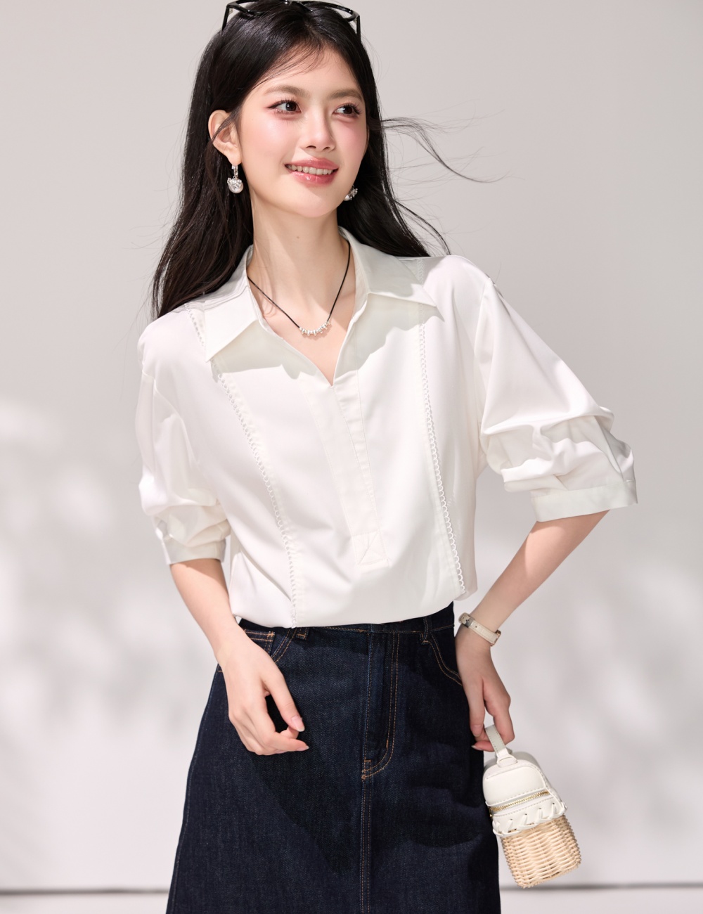 Temperament short sleeve slim puff sleeve light shirt