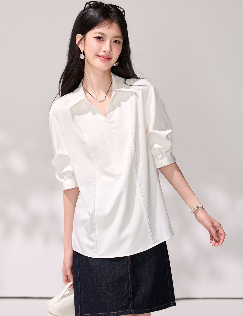 Temperament short sleeve slim puff sleeve light shirt