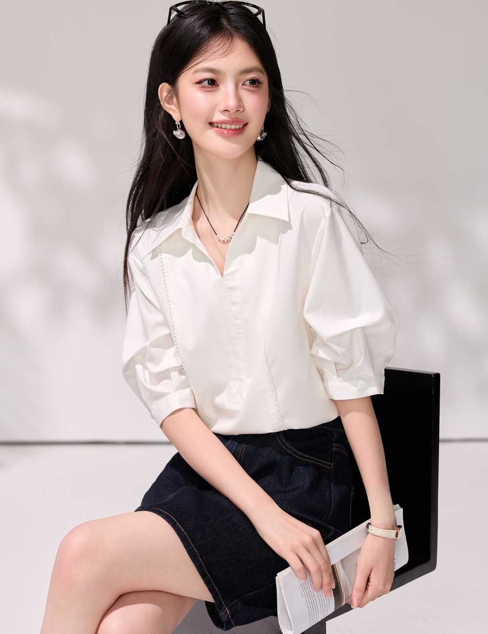 Temperament short sleeve slim puff sleeve light shirt