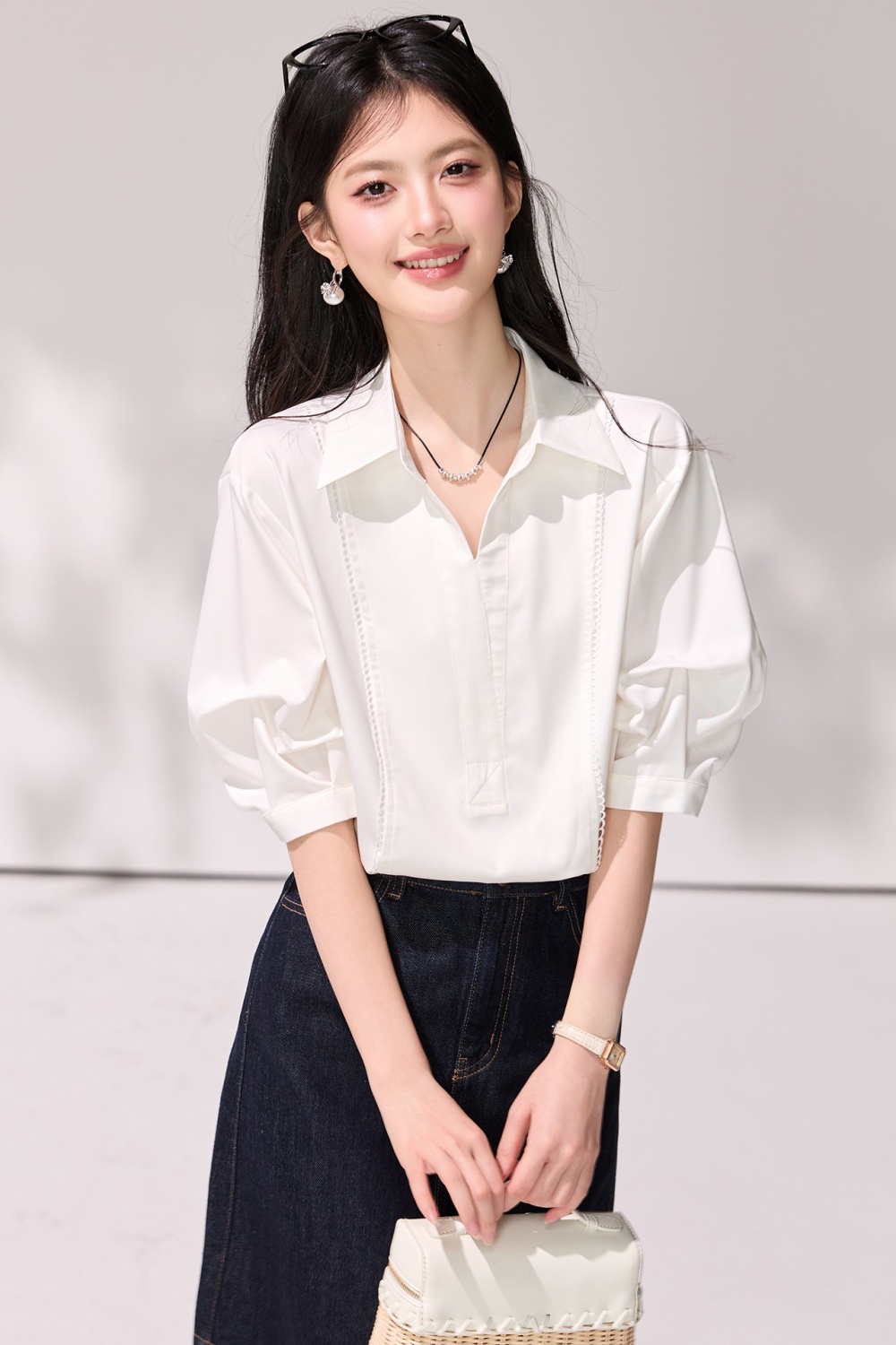 Temperament short sleeve slim puff sleeve light shirt