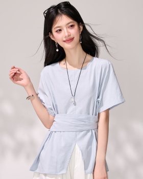 Short sleeve commuting tops high waist girdle tender shirt