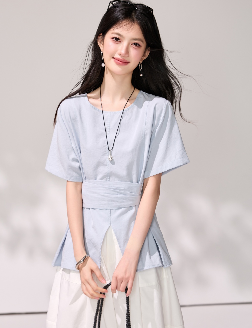 Short sleeve commuting tops high waist girdle tender shirt