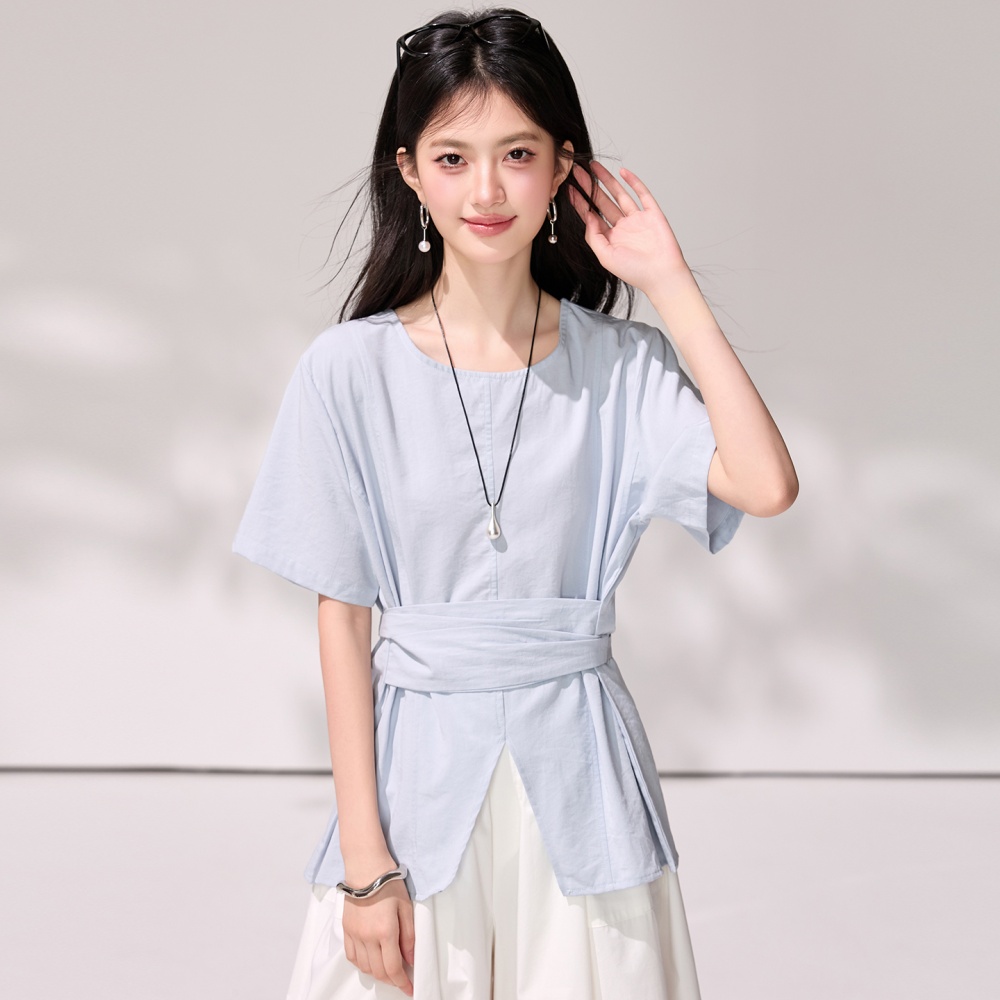 Short sleeve commuting tops high waist girdle tender shirt