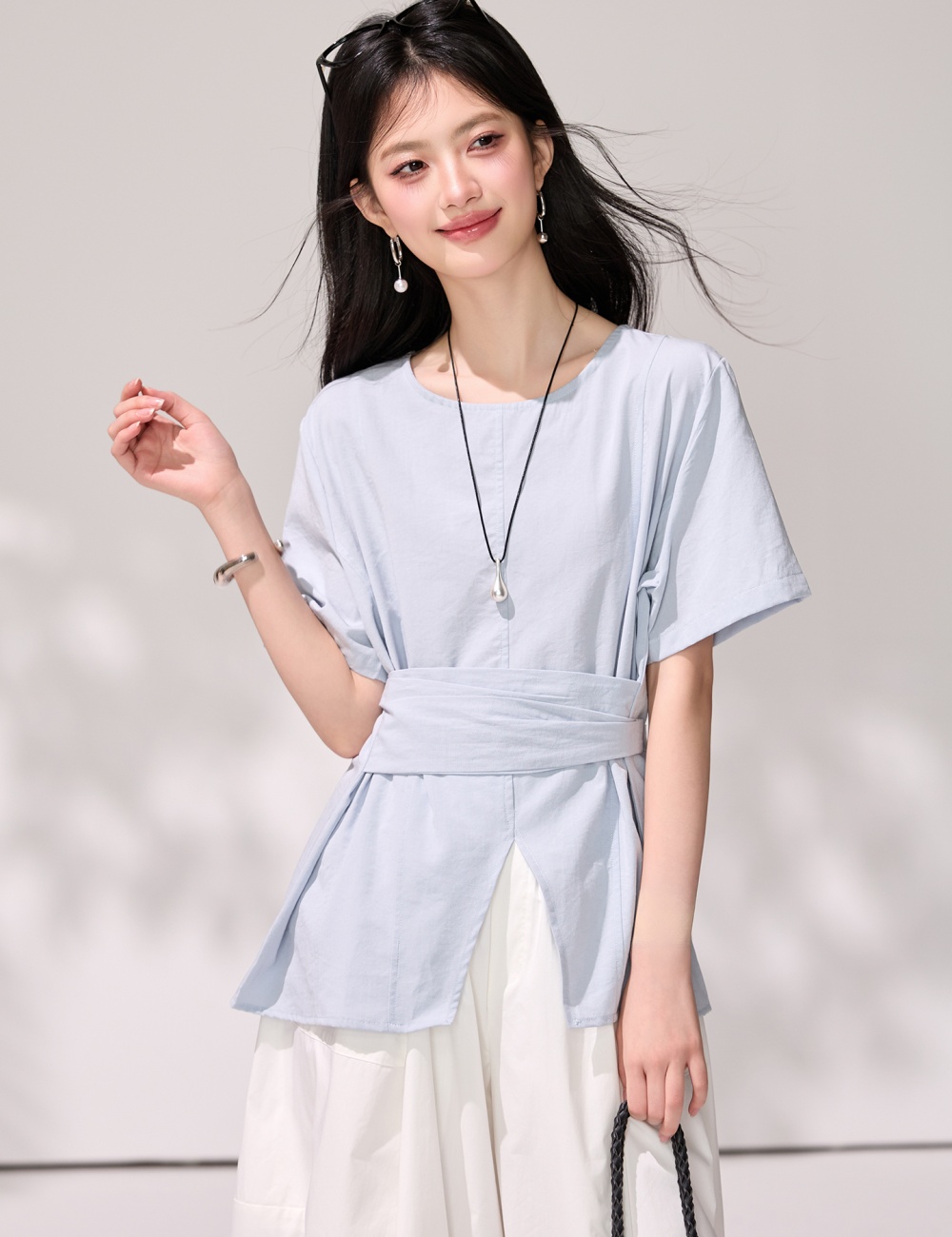 Short sleeve commuting tops high waist girdle tender shirt