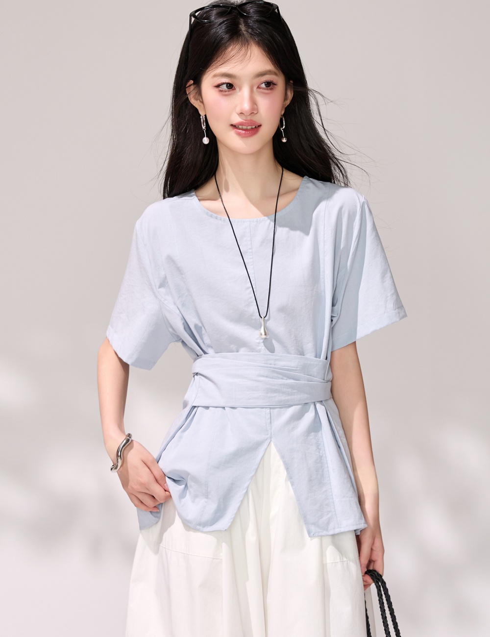Short sleeve commuting tops high waist girdle tender shirt